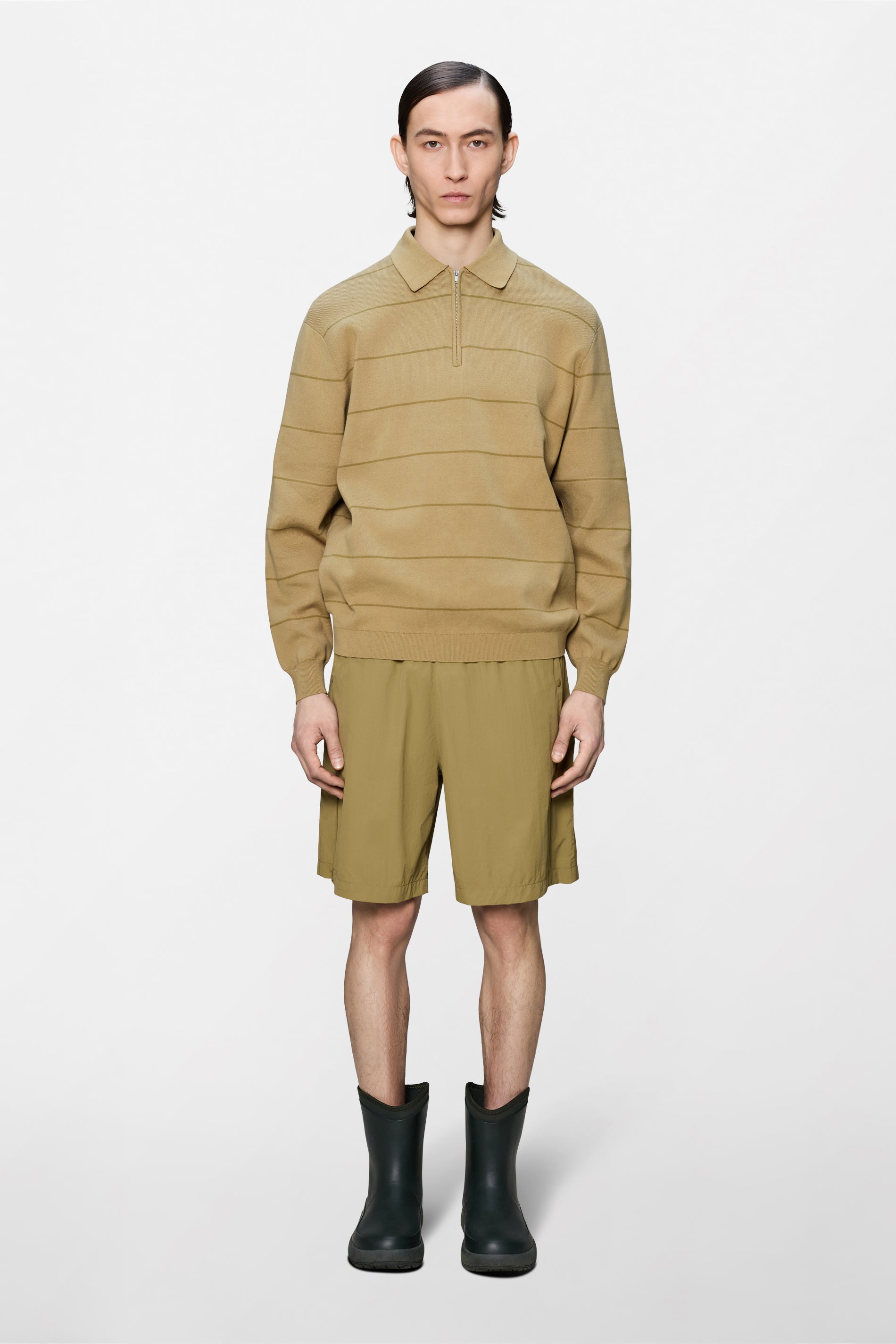 RAINS Striped Knit Long Sleeve Polo Fawn Long Sleeve