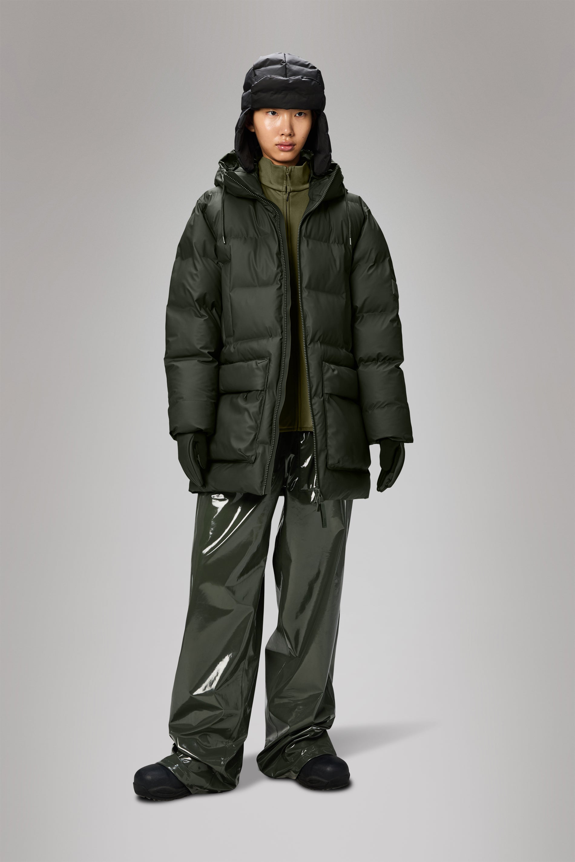 Rains Alta Long Puffer Cargo Jacket Green Jacket