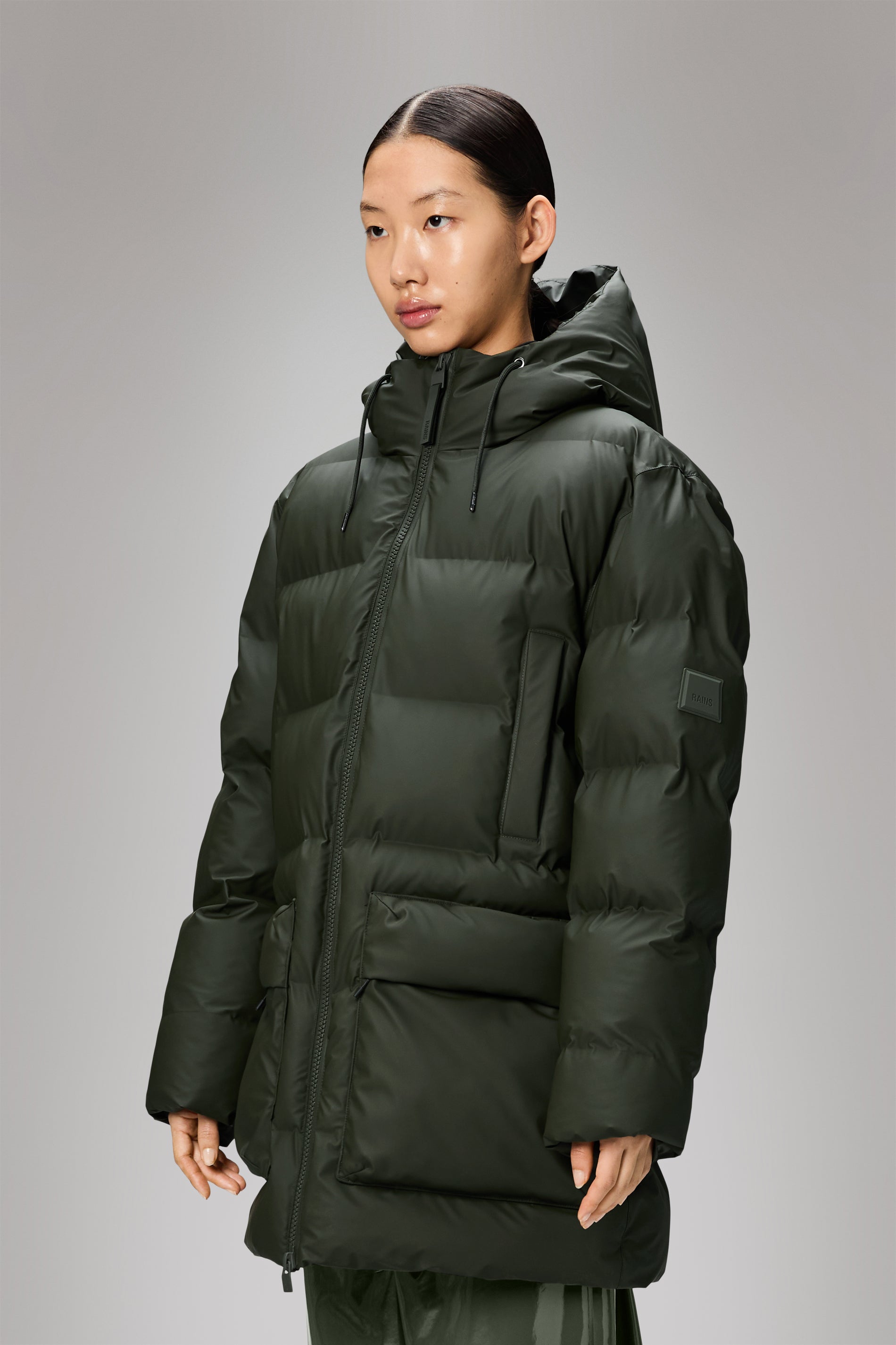 Rains Alta Long Puffer Cargo Jacket Green Jacket