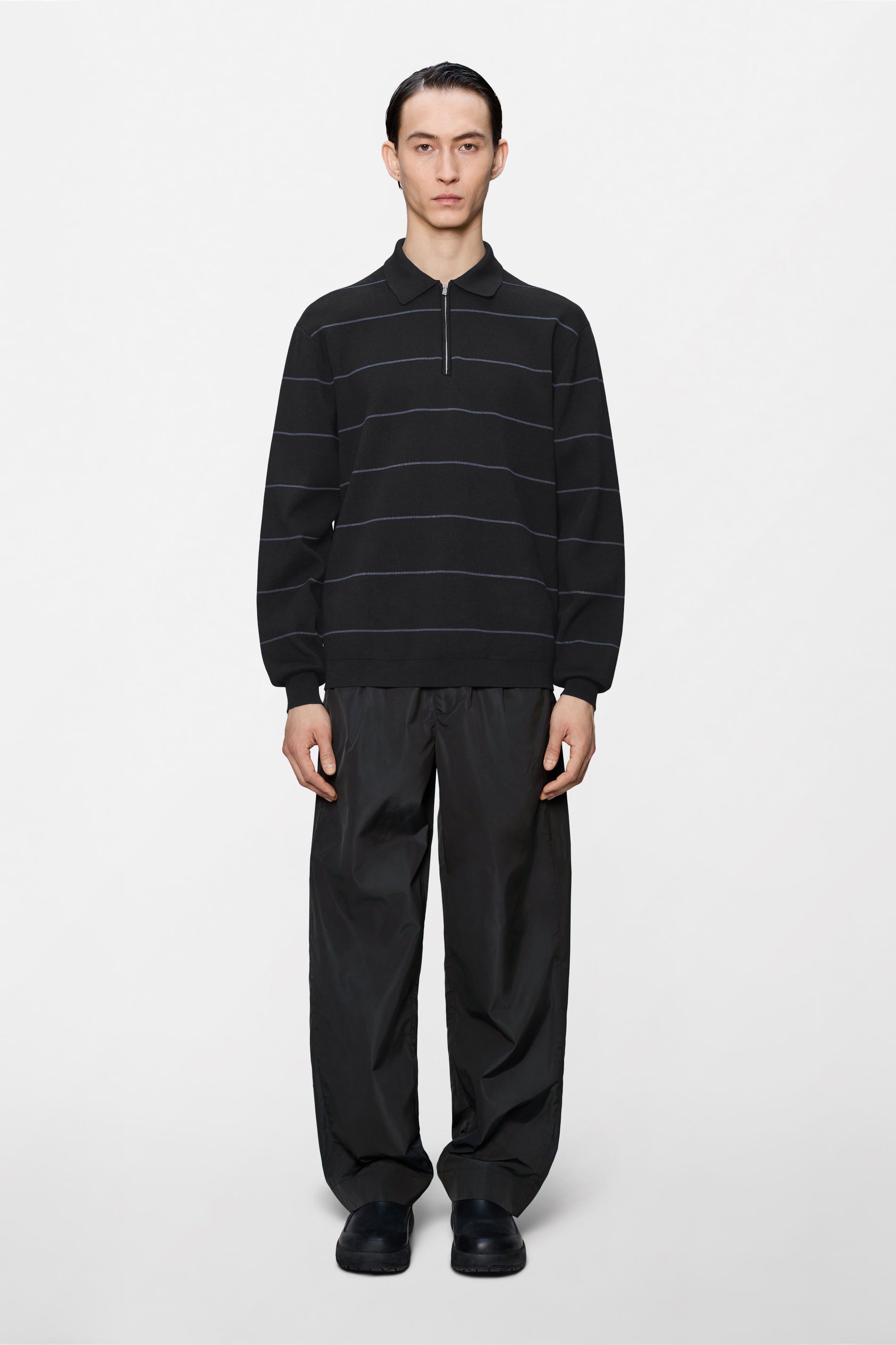 RAINS Striped Knit Long Sleeve Polo Black Long Sleeve