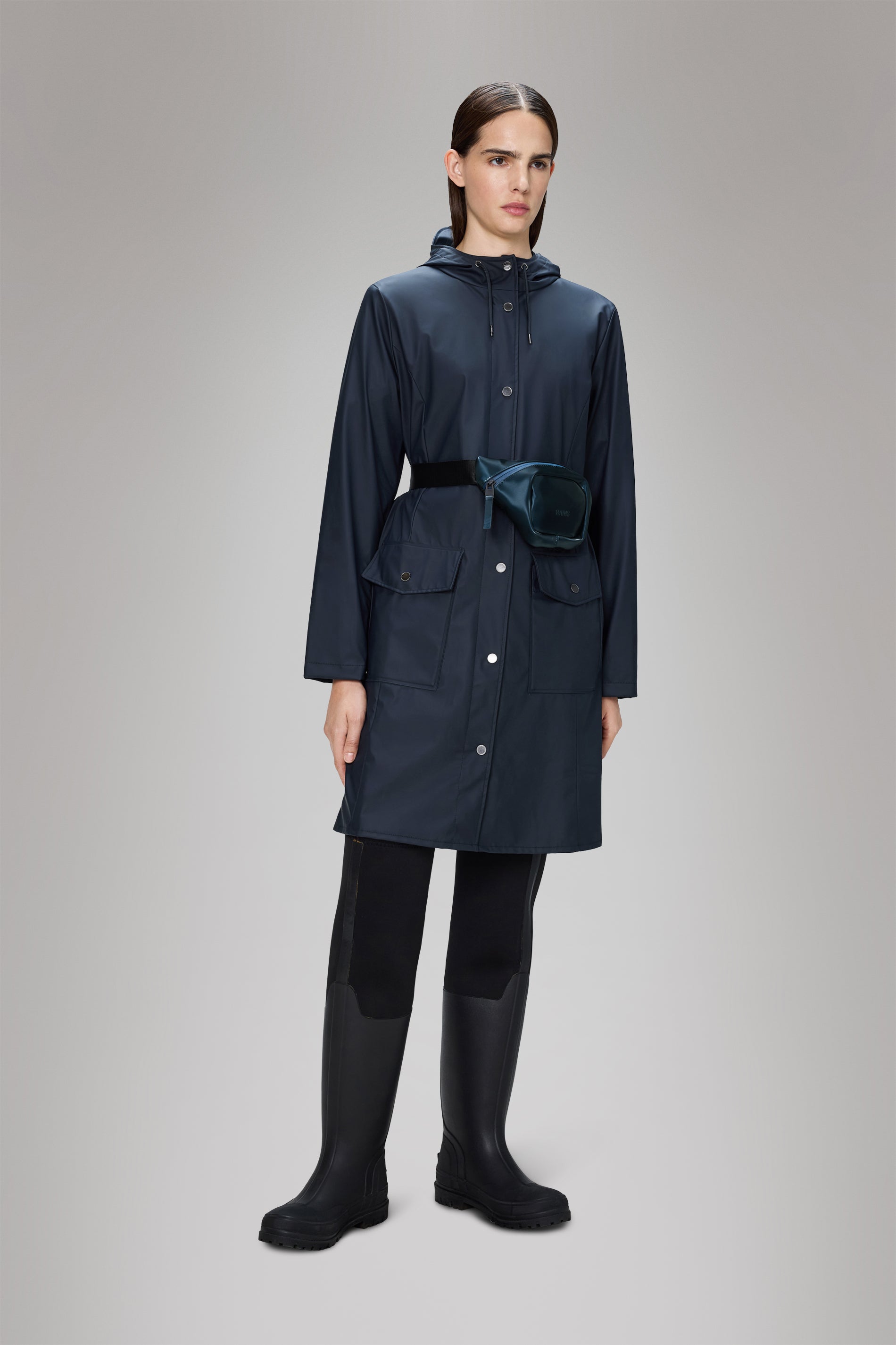 Rains Curve Long Jacket
 Navy Jacket